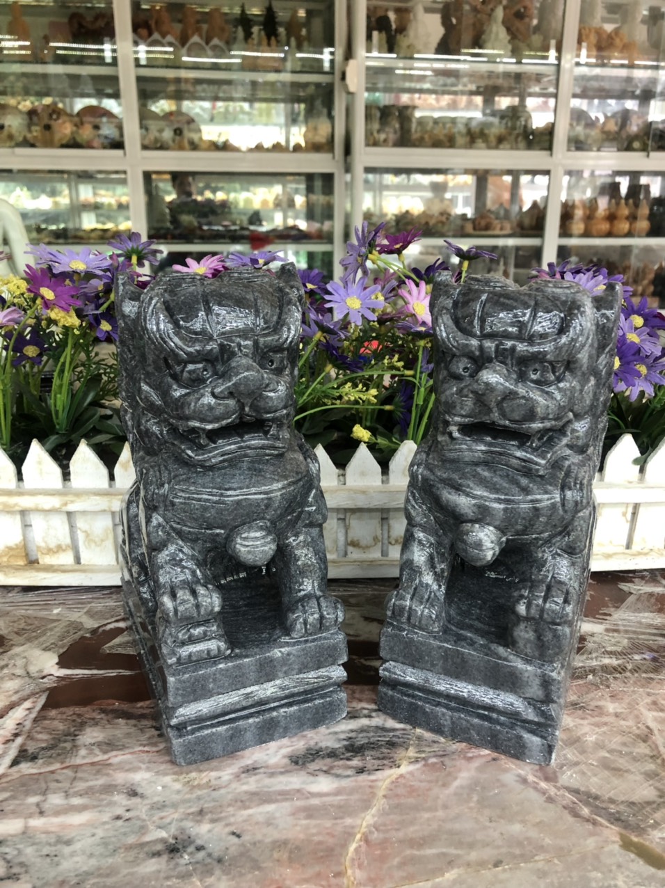 Cặp tượng Kỳ Lân phong thủy đá cẩm thạch vân đen - Cao 20 cm