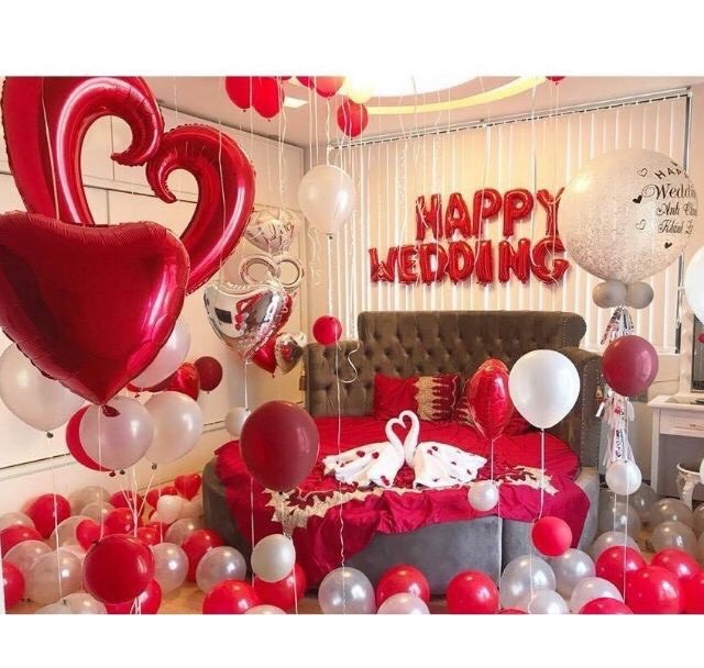 [Tặng 100 Cánh Hoa Hồng] Sét Bóng Happy Wedding Trang Trí Phòng Cưới tông đỏ, tông hồng kèm bơm keo
