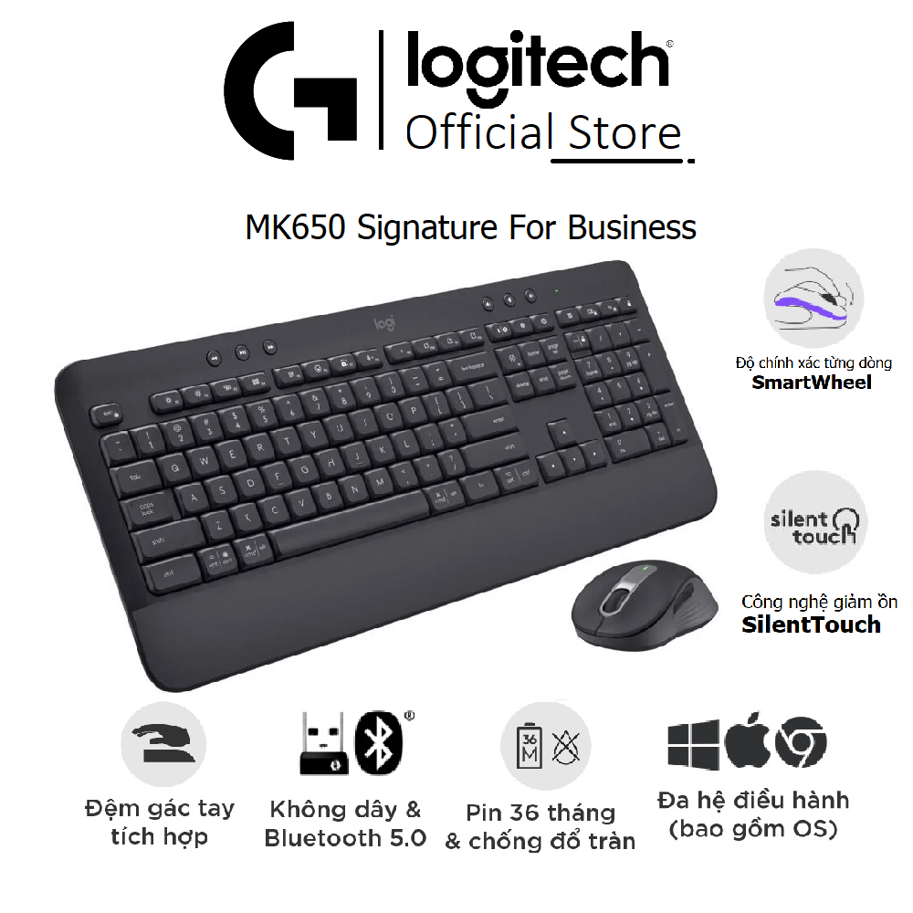 Bàn phím chuột không dây Yên lặng Logitech MK650 Signature Bản Business, Kết nối Bluetooth/ Usb Logi Bolt - Bản business siêu bền bỉ Bảo hành 2 năm