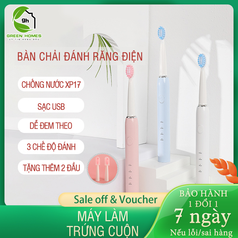 Bàn chải đánh răng điện Sonic với 3 chế độ phù hợp nhiều đối tượng, chức năng chống thấm nước toàn thân, dùng sạc USB, tặng kèm 4 đầu bàn chải mềm