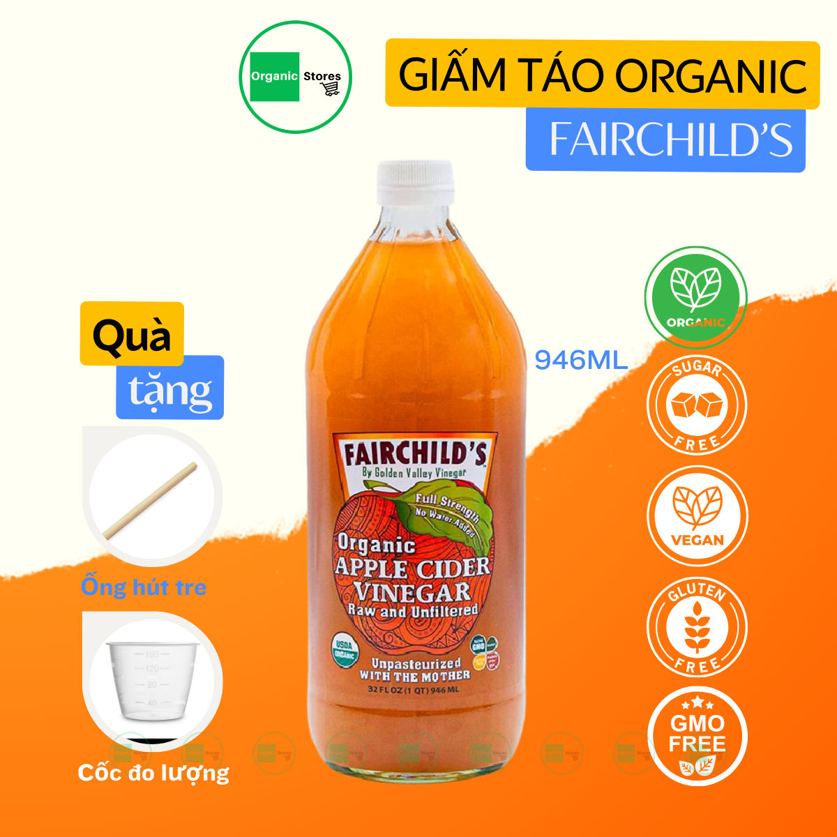 Giấm táo Nguyên chất hữu cơ FairChild’s có giấm cái chai 946ml - Hỗ Trợ Tiêu Hoá - Giảm Cân - Giảm Cholesterol