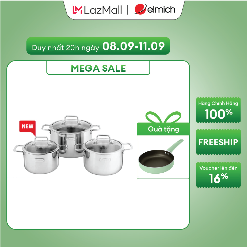 (Chỉ 20h ngày 09-12.10)Bộ nồi Inox 3 lớp đáy liền Elmich Trimax classic size 16,20,24cm 2105OL