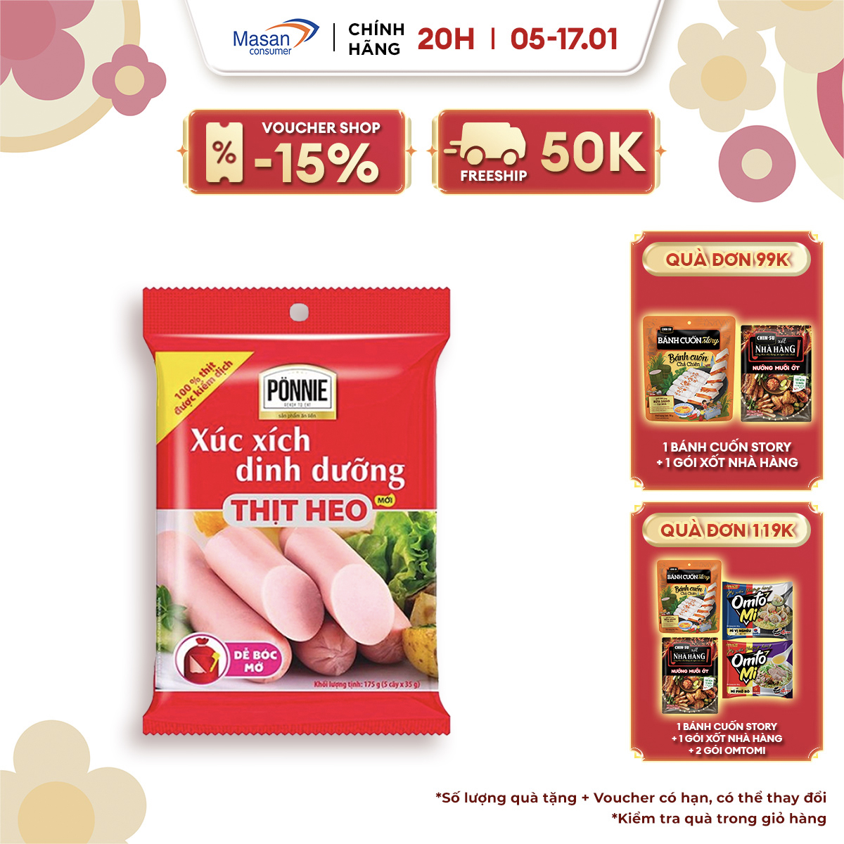 [VOUCHER 18% ĐƠN 199K]  Xúc Xích Tiệt Trùng Ponnie Vị Heo Gói 70g