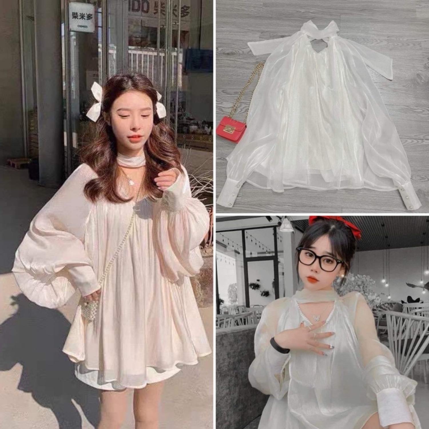 Áo sơ mi tay phồng dài cổ dây cột nơ tiểu thư Hàn quốc