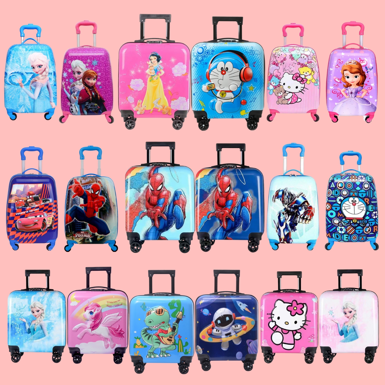 Vali kéo trẻ em 18 inch cho bé du lịch BABIGO hình kitty, siêu nhân, người nhện, elsa, doremon, công chúa, thỏ