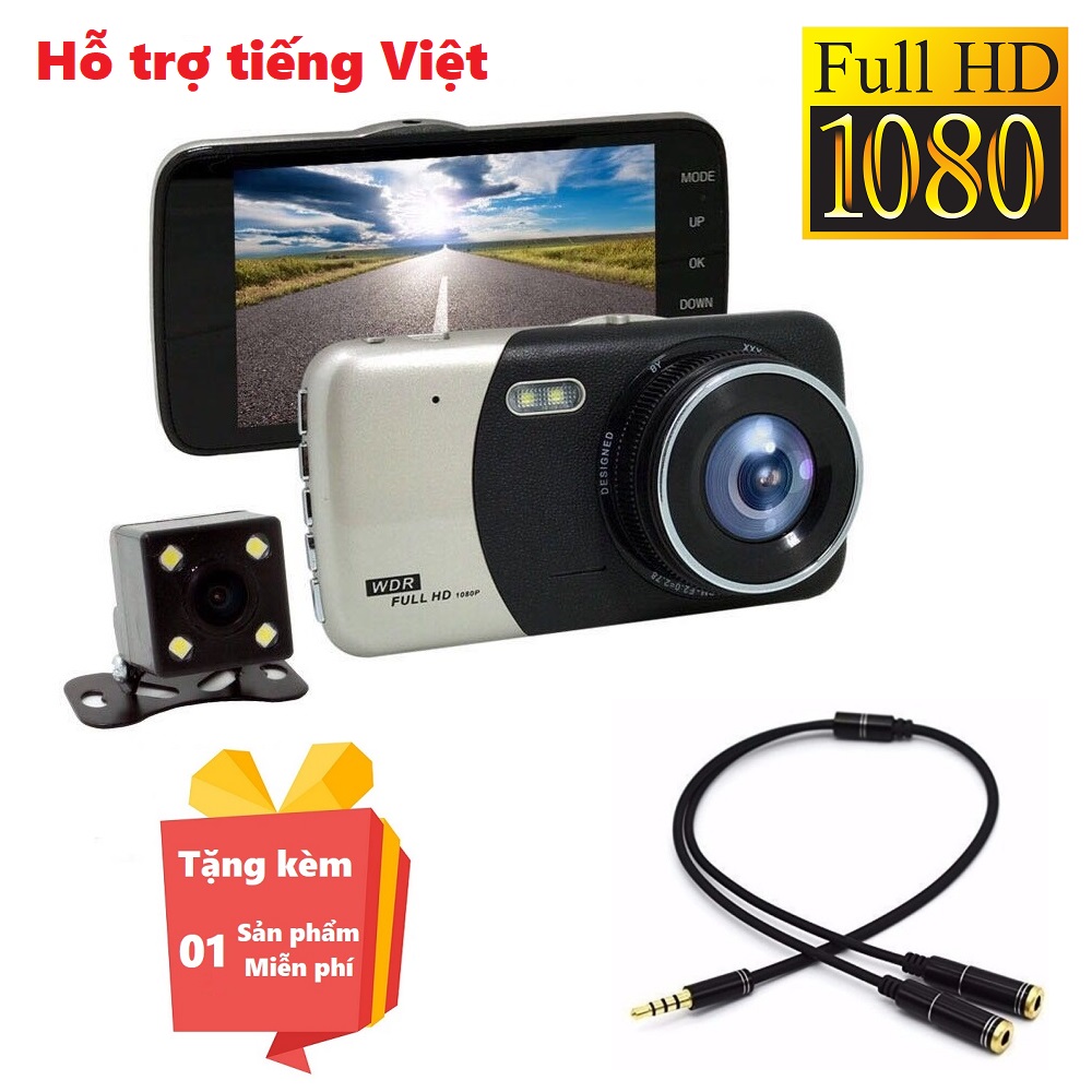 Camera hành trình tiếng Việt SD503 cho ô tô độ phân giải Full HD tặng kèm camera lùi cao cấp - Camera ghi hình cho ô tô màn hình 4 inch Full HD SD-503