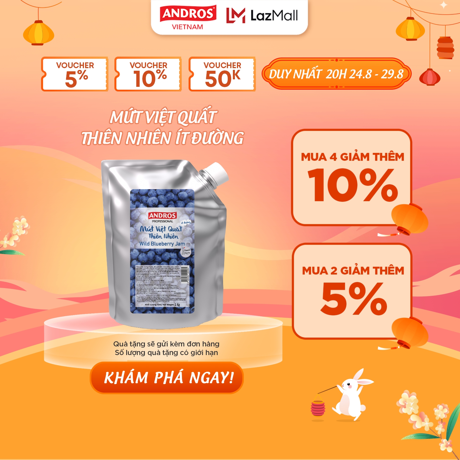 Mứt Việt Quất Thiên Nhiên Ít Đường - Không chất bảo quản - ANDROS - 1kg