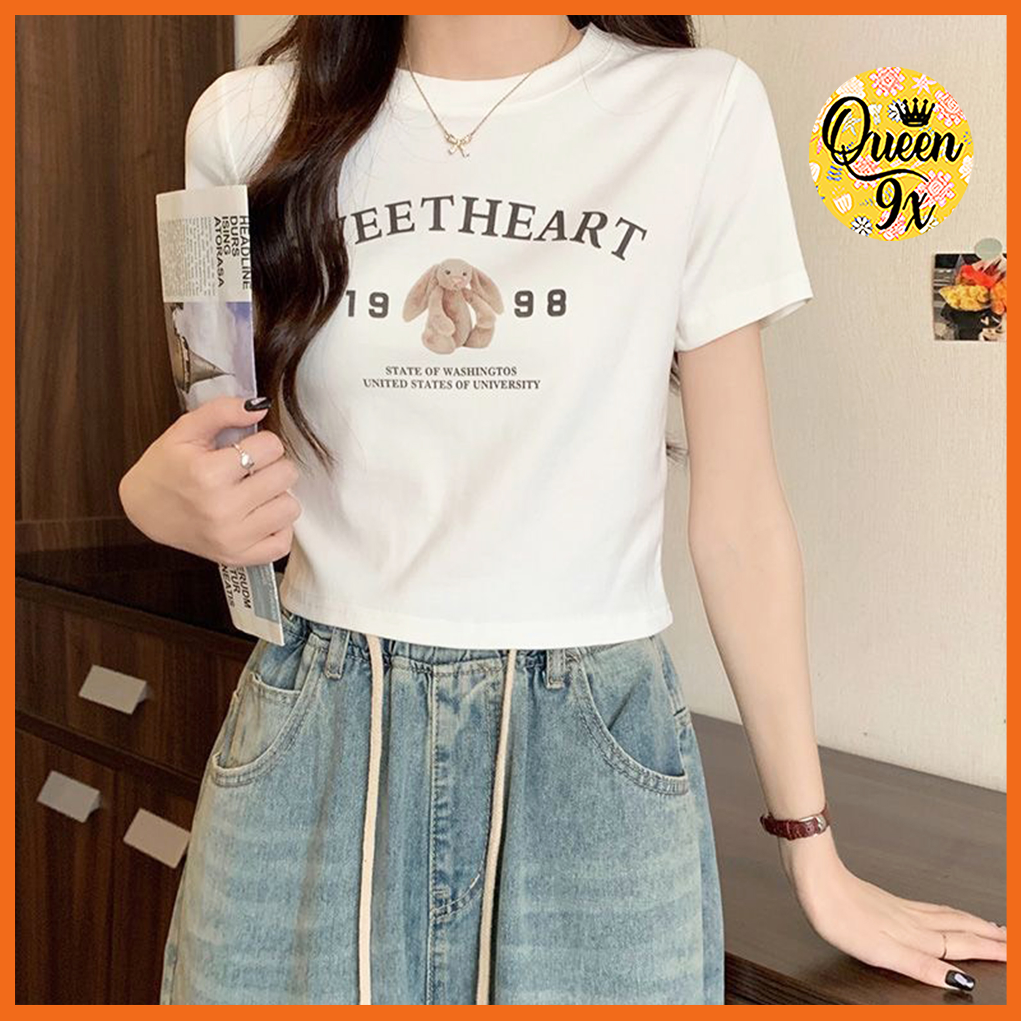 Áo croptop tay ngắn cổ tròn Sweetheart thỏ dễ thương