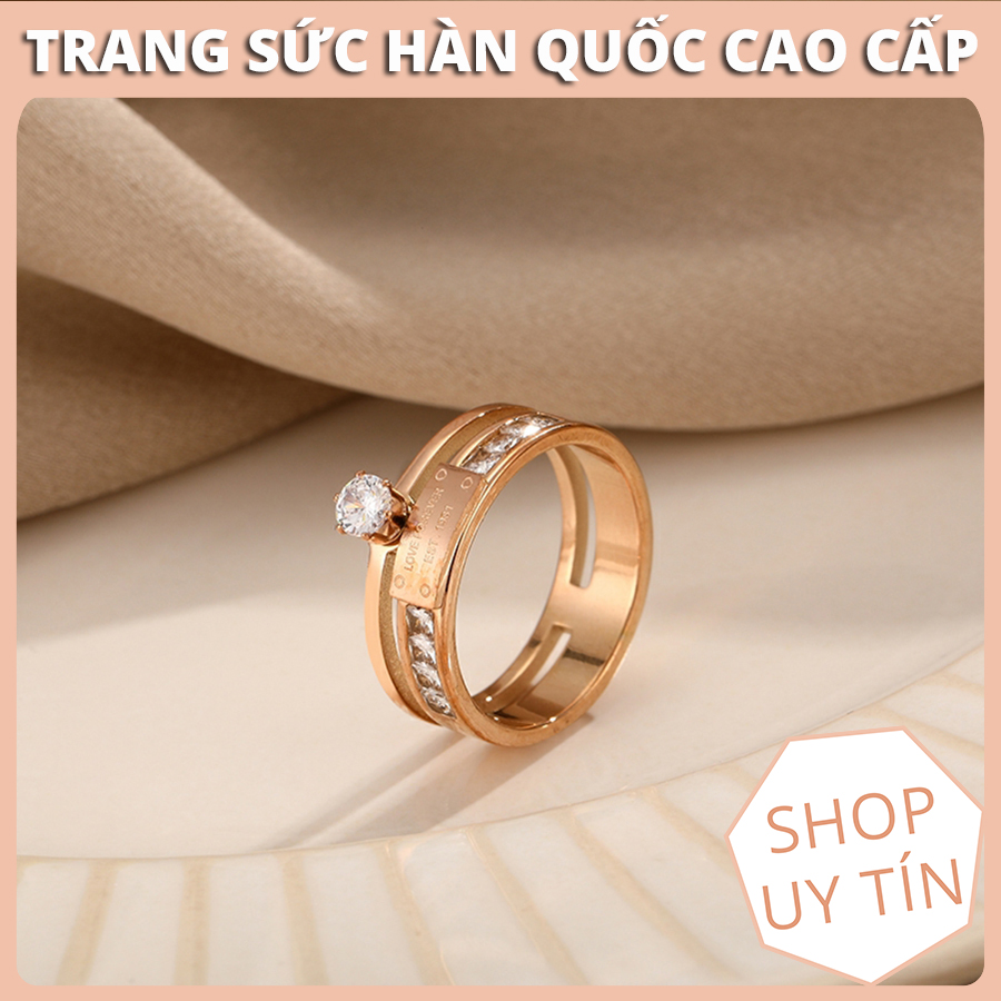 Nhẫn nữ đẹp, nhẫn titan cao cấp đính đá 2 in 1