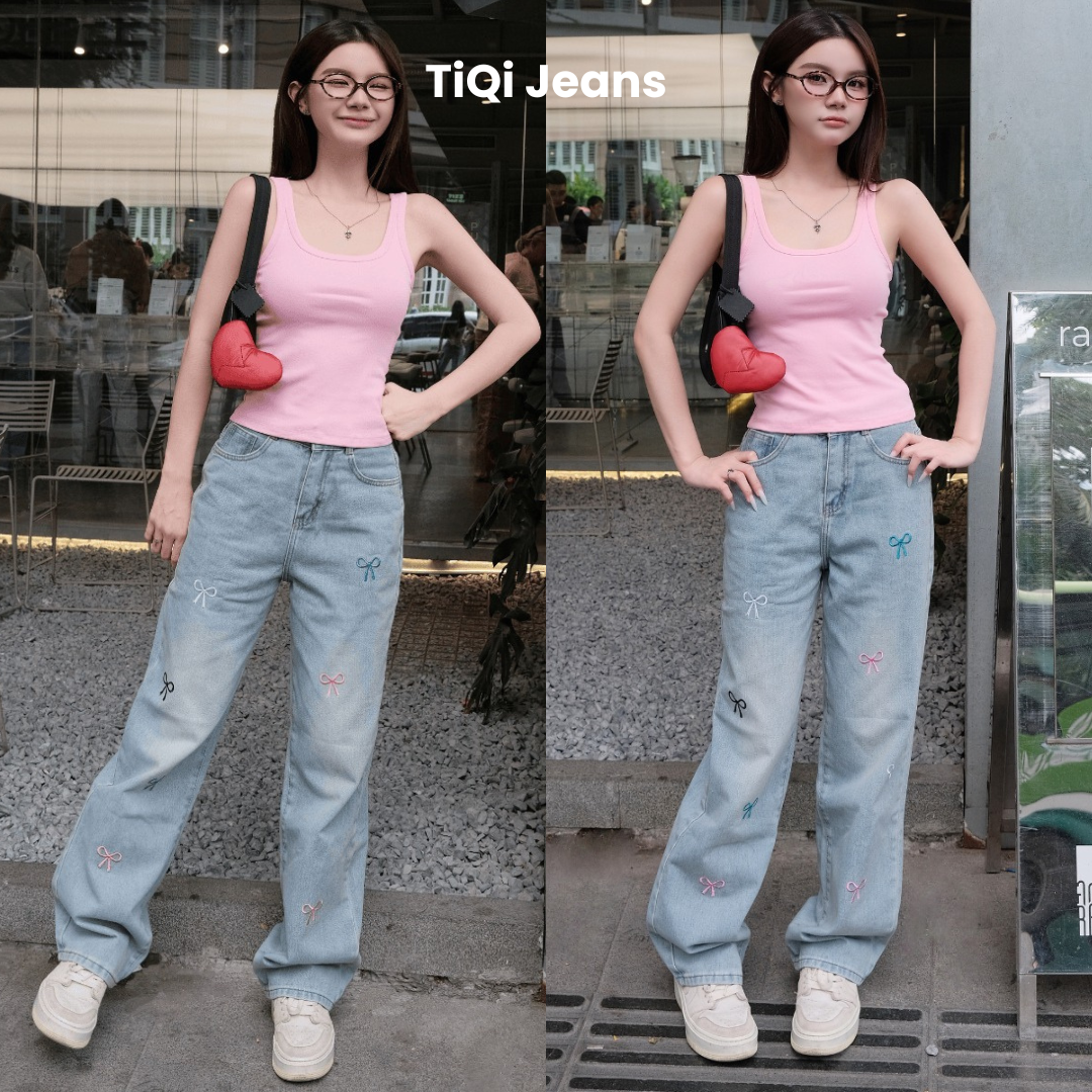 Quần jean nữ ống rộng thêu nơ nhiều màu ngẫu nhiên TiQi Jeans B-407