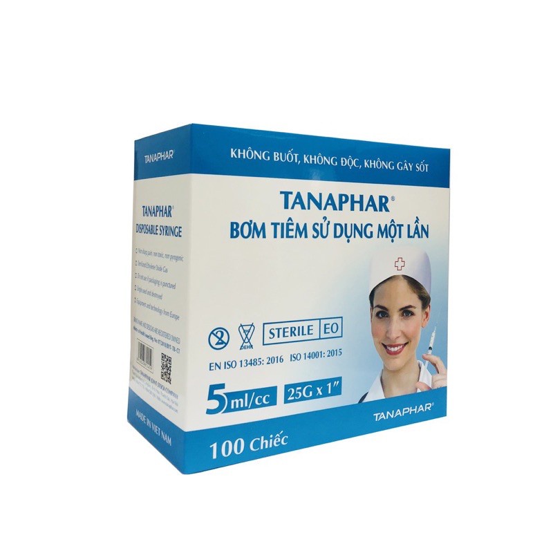 Bơm tiêm - Bơm kim tiêm Xilanh sử dụng một lần 5ml/cc Tanaphar được khử trùng bằng khí E.O, vạch chia dung tích rõ nét chính xác, kim tiêm có nắp chụp bảo vệ, không gỉ