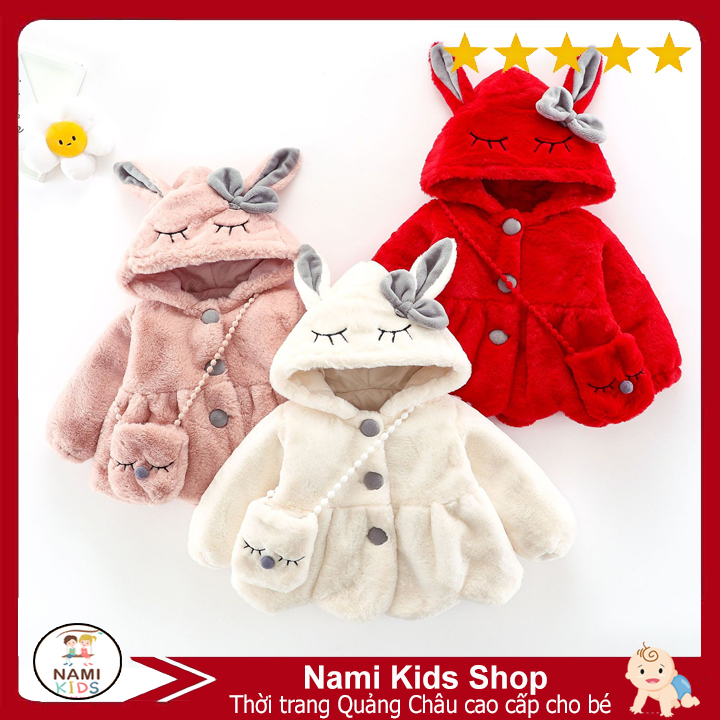[166:P] Áo khoác lông quảng châu cao cấp cho bé thiết kế nón tai thỏ tặng kèm túi đeo chéo đáng yêu