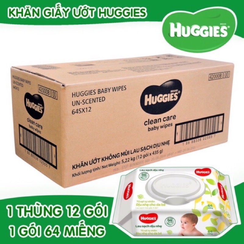 Thùng 12 gói khăn ướt huggies không mùi/ bơ ca cao hạt mỡ 72 tờ