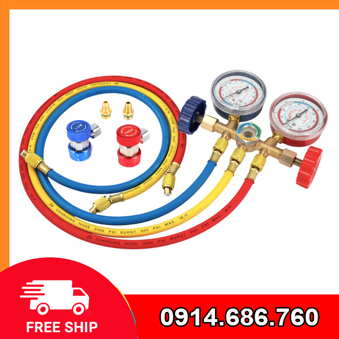 Đồng hồ nạp ga điều hòa đôi, bộ nạp ga điều hòa ô tô cơ bản TẶNG kèm 1 cặp van nạp ga
