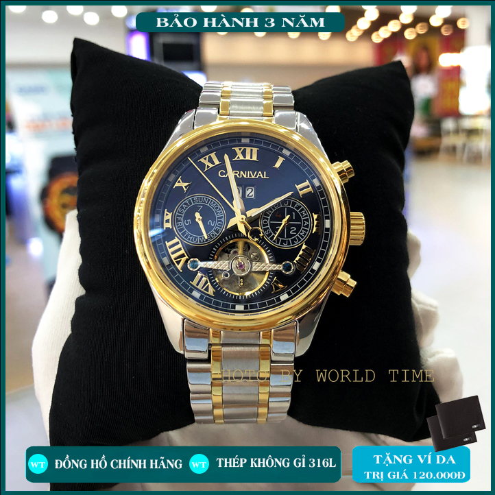 Đồng hồ cơ, đồng hồ nam Carnival Automatic 8728GB Full box, Thẻ Bảo Hành 03 năm toàn quốc, Kính Sapphire Chống Xước, Chống Nước Dây Thép không gỉ 316L