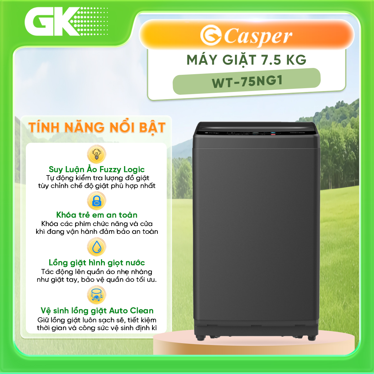 Máy giặt Casper 7.5 kg WT-75NG1 - Khóa trẻ em Lồng giặt hình giọt nước giúp giảm tác động lên quần áo Sấy gió Tự động vệ sinh lồng giặt - GIAO TOÀN QUỐC - FREESHIP HCM