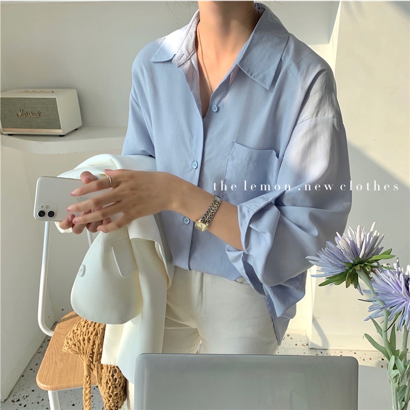 Áo sơ mi nữ form rộng tay dài kiểu hàn, áo sơ mi nữ trắng 1 túi basic điệu đà