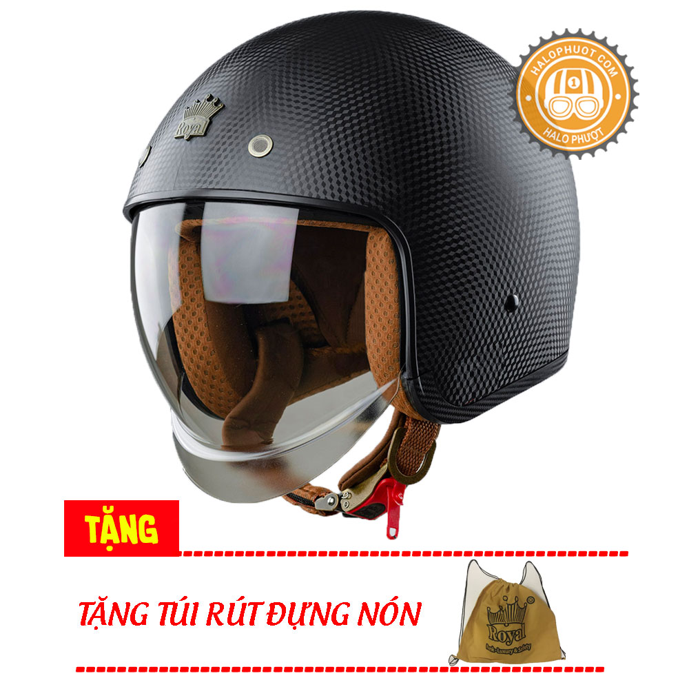 Nón bảo hiểm 3/4 kính âm Royal M139 đen carbon (Tặng balo rút) (Bảo hành trọn đời)