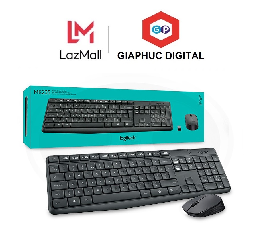 Bộ bàn phím và chuột không dây Logitech MK235 - Bàn phím Full-size, Bền bỉ, Đơn giản, Thiết kế chống đổ tràn, Phạm vi không dây 10m