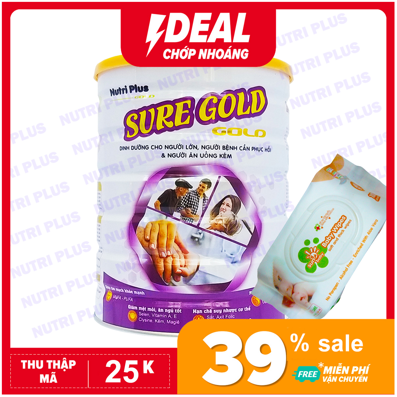 [TẶNG 1 BỊCH KHĂN ƯỚT 100 TỜ SUNBABY] Sữa SURE GOLD dinh dưỡng cho người già tăng cường sức khỏe-900G -Không dành cho trẻ dưới 2 tuổi