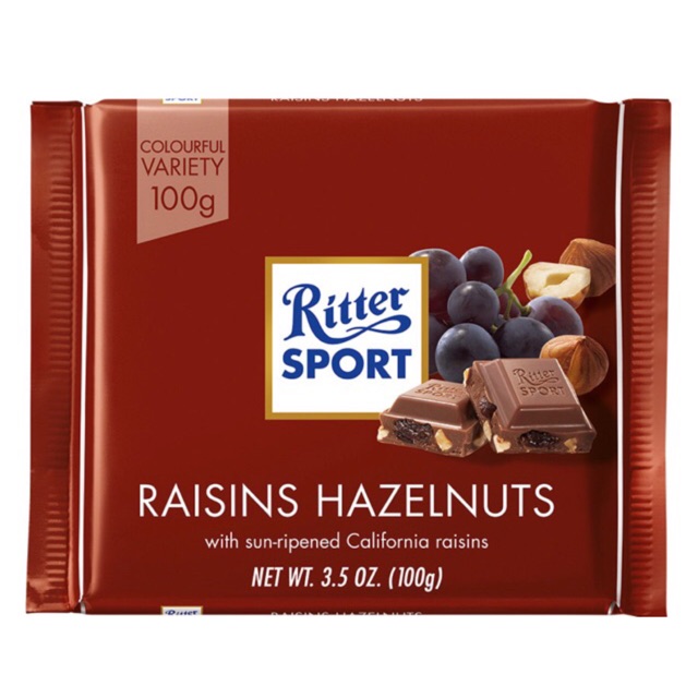 Socola sữa nhân nho khô và hạt dẻ ritter sport 100g
