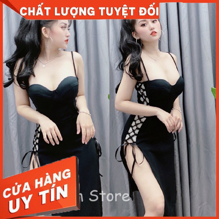 Đầm cúp ngực đan dây phối lưới, 2 dây xẻ tà đi tiệc - DN7251