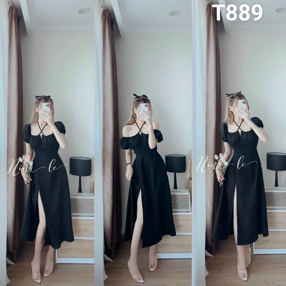 Đầm cổ yếm tay cột nơ có mút lụa nhung T889