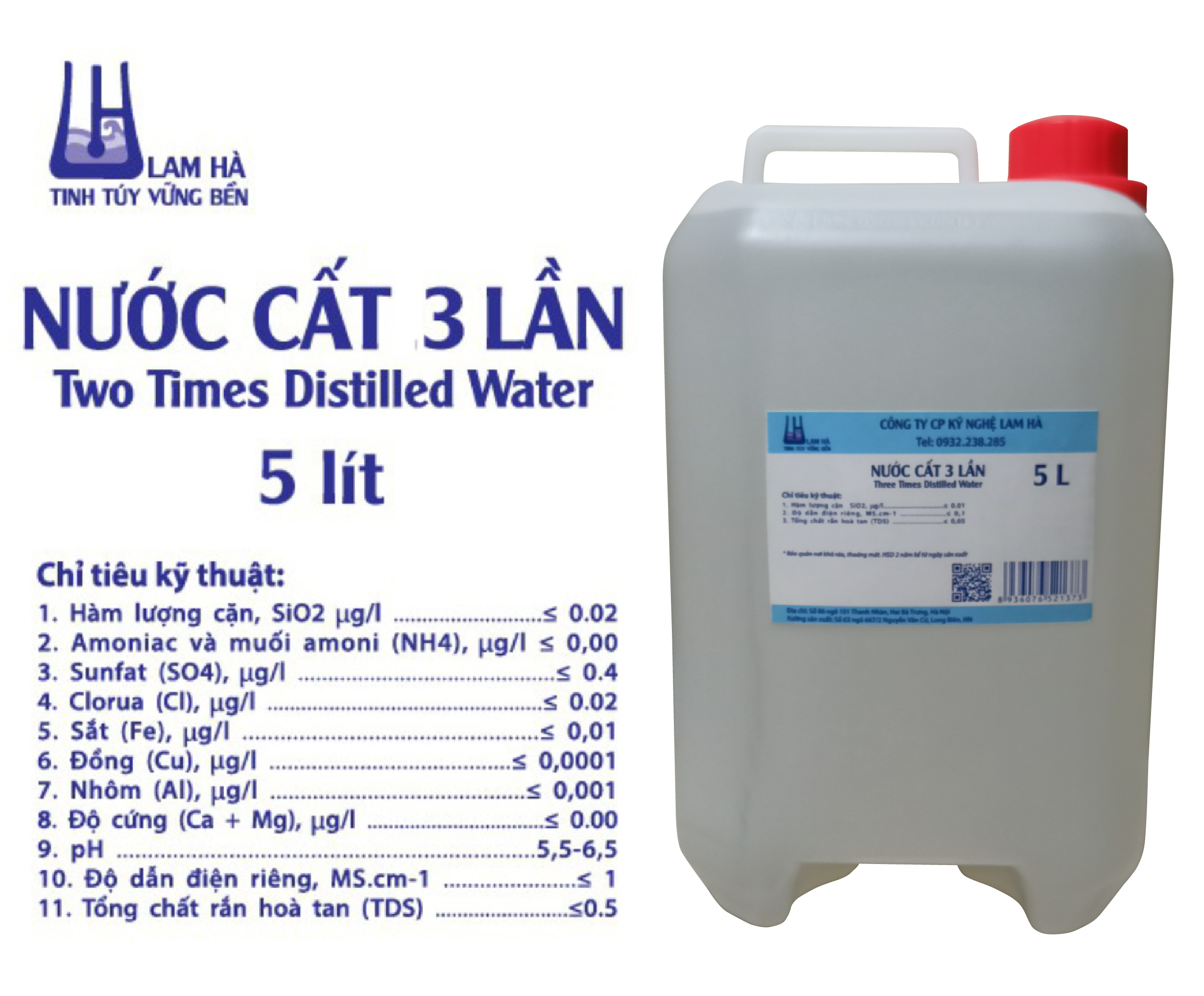 Nước cất 3 lần can 5 lít Lam Hà