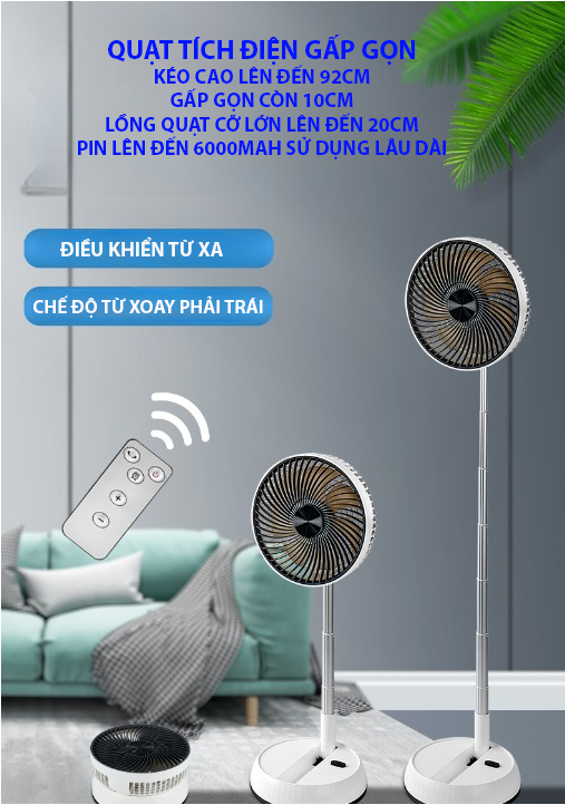 QUẠT GẤP GỌN TÍCH ĐIỆN, CÓ CHẾ ĐỘ XOAY PHẢI TRÁI, CÓ ĐIỀU KHIỂN TỪ XA
