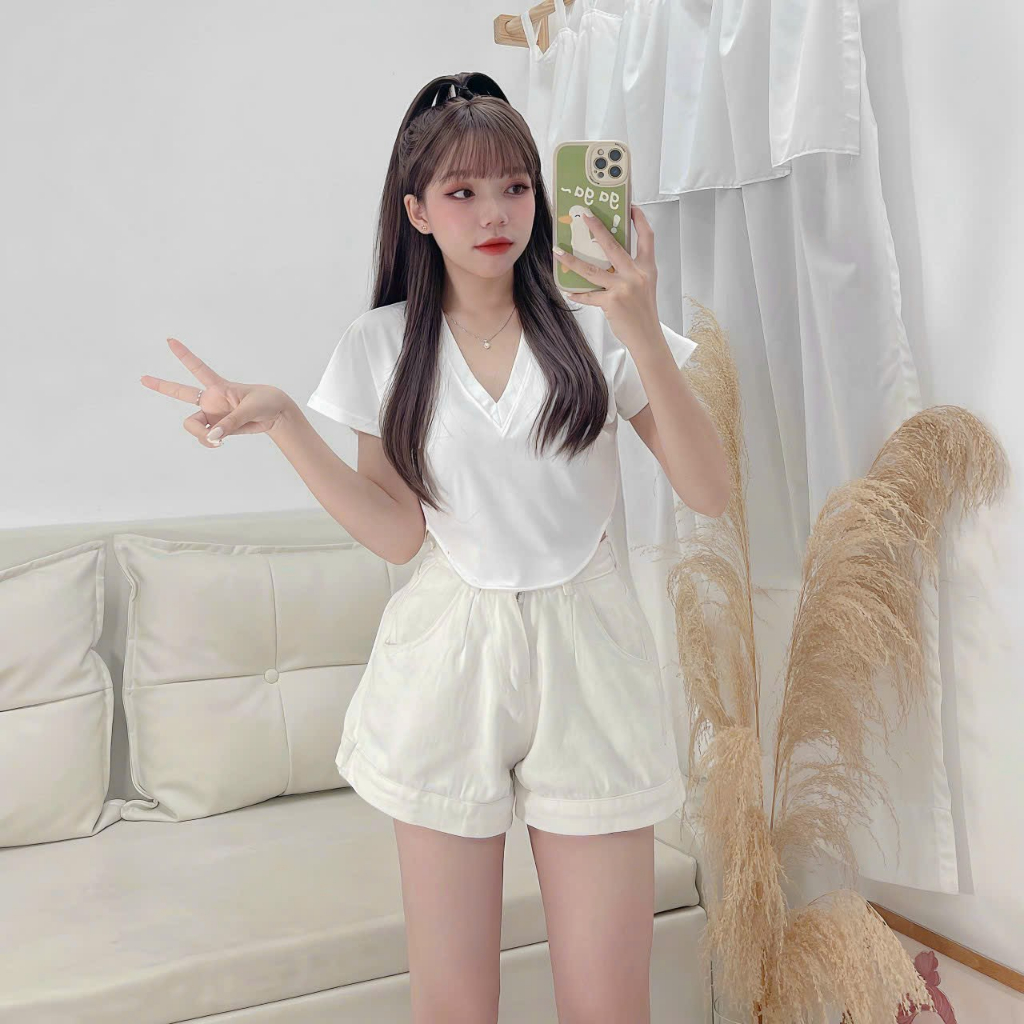 Áo croptop nữ tay ngắn vạt bầu cổ tim chất thun cotton 2 chiều mềm mịn mát - A0166