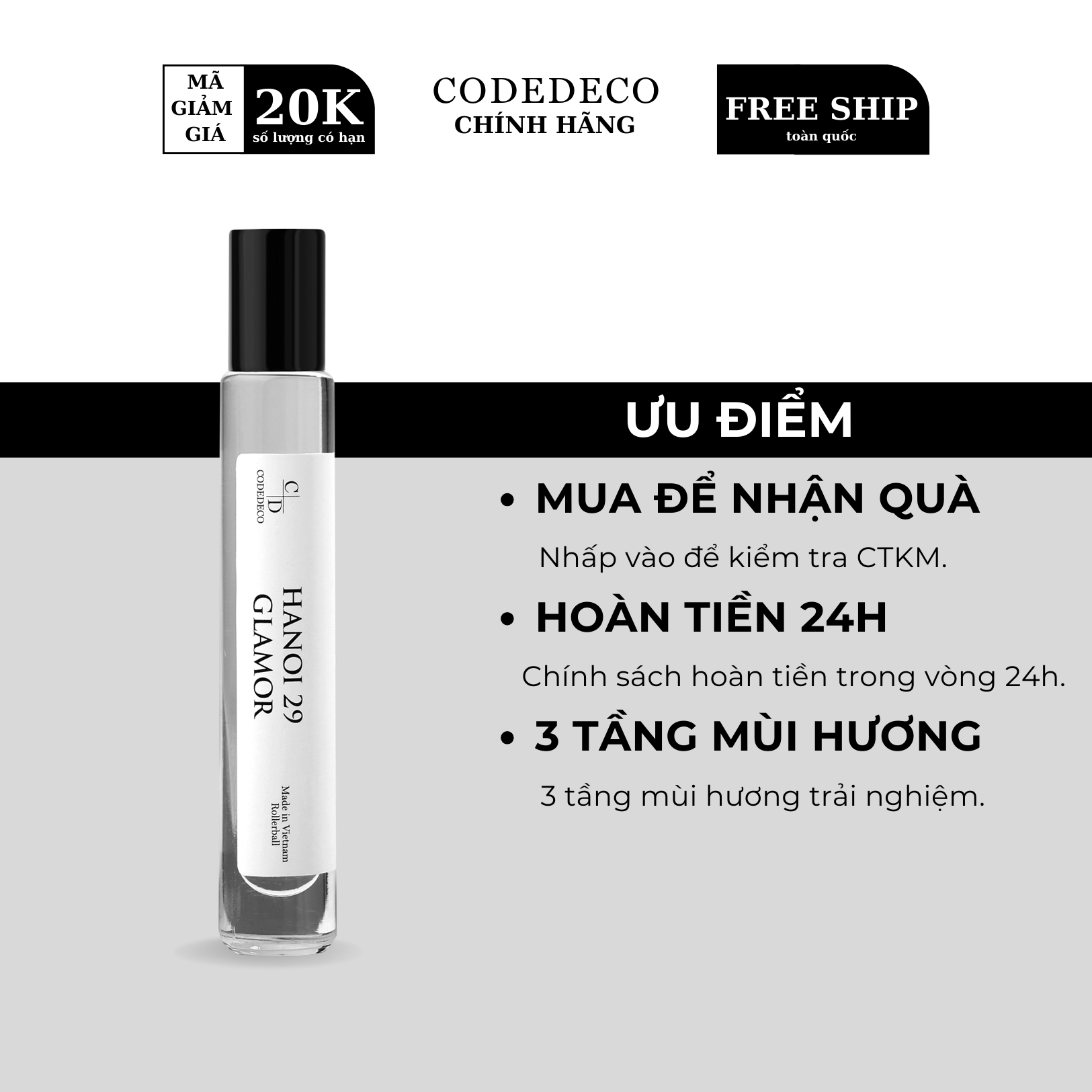 Tinh dầu nước hoa CODEDECO Hanoi 29 Glamor 10ml dạng chai lăn, thanh lịch, tinh tế