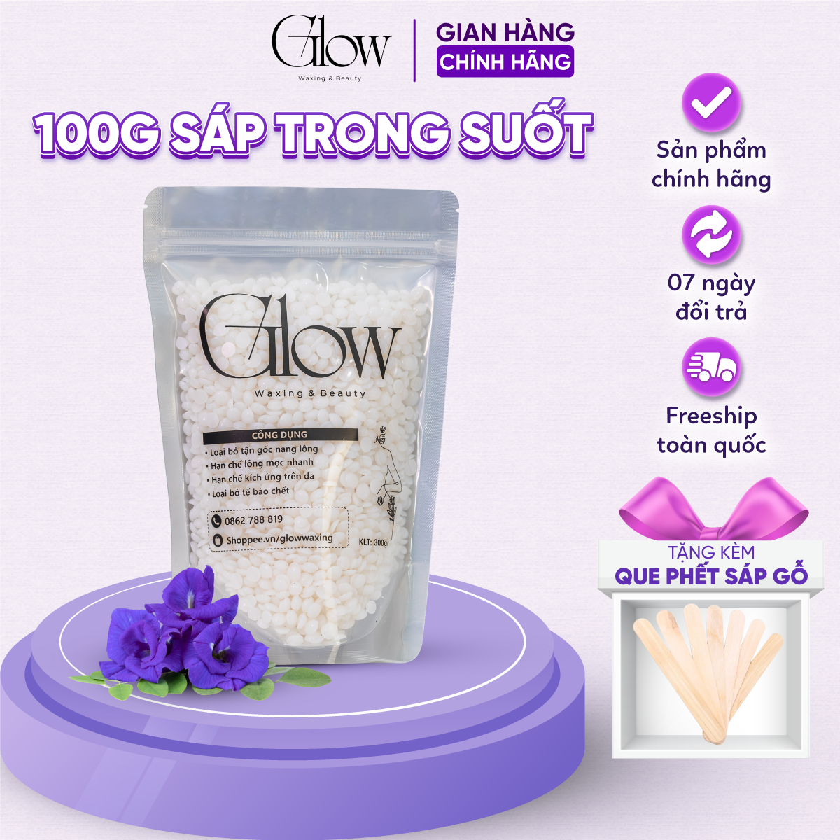 Sáp Wax Lông Trong Suốt Túi 100gr GLOW WAXING Cao Cấp, Siêu Bám Lông Dành Cho Da Nhạy Cảm Tặng Que Phết CHE TÊN SẢN PHẨM
