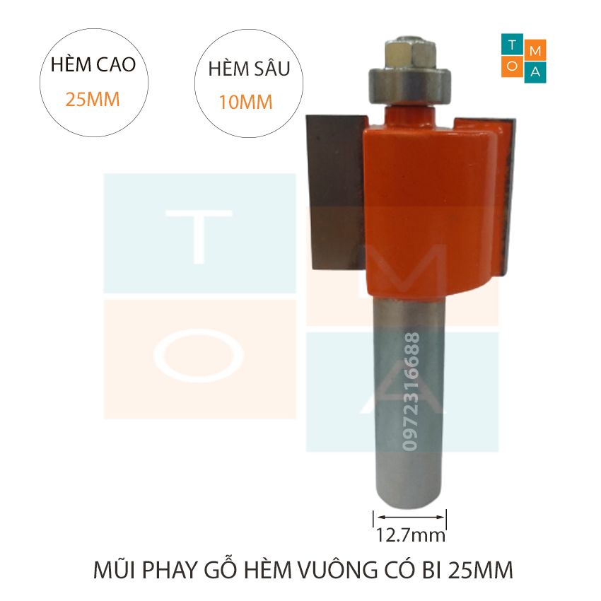 Mũi soi gỗ - mũi phay hèm vuông có bi 25mm cốt 12.7mm - mũi roter đánh hèm cửa hàng việt nam chất lượng cao