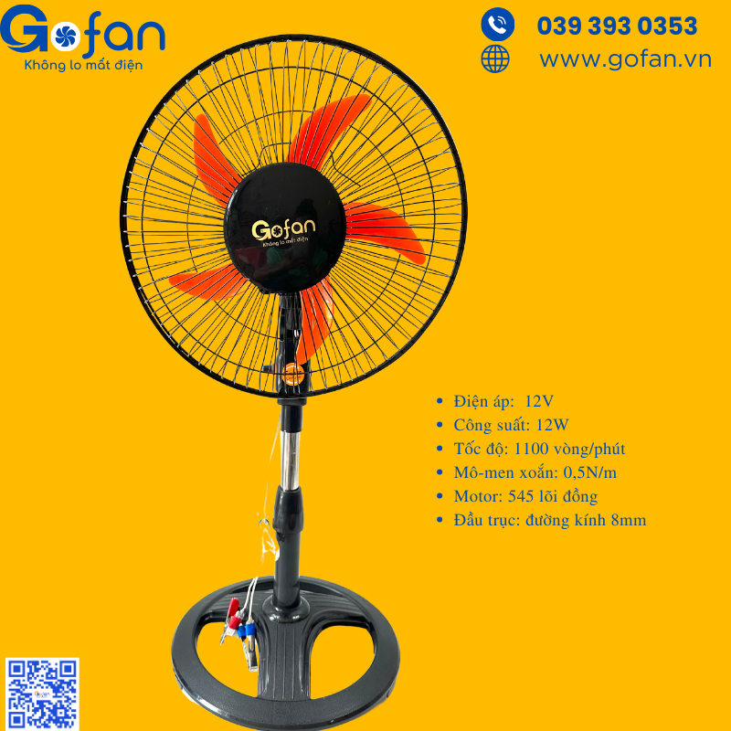 Quạt lỡ 12v kẹp bình ắc quy vô cấp-quạt đứng 12v b3-15w-gofan--mô tơ 545-5 cánh-30cm-lồng 35cm-cao 85cm quạt năng lượng