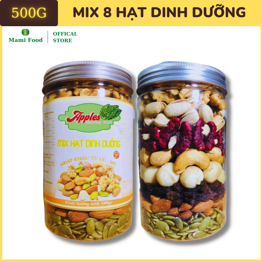Mix 7 loại hạt hạnh nhân mỹ, óc chó vàng mỹ, óc chó đỏ mỹ, dẻ cười mỹ, nho khô mỹ, macca úc, điều vn 500g
