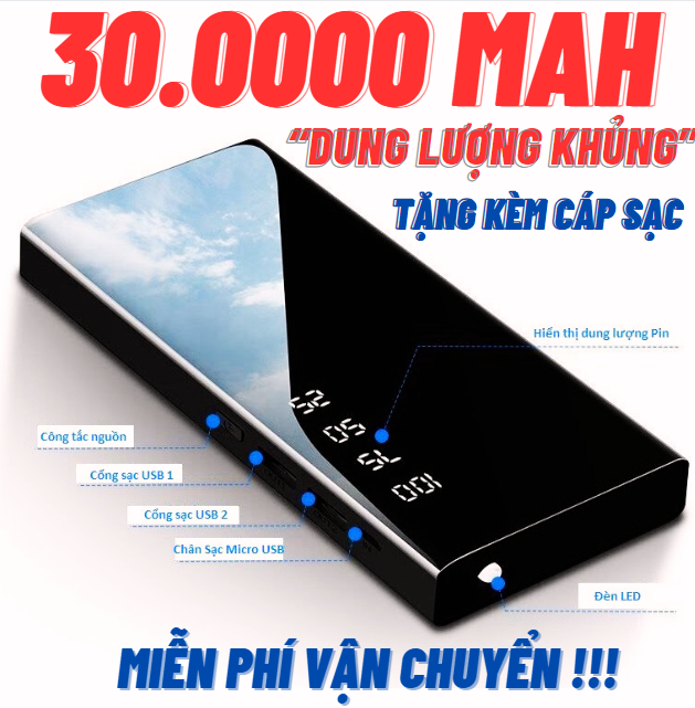 [DUNG LƯỢNG 30000MAH] SẠC DỰ PHÒNG MẶT GƯƠNG DUNG LƯỢNG 300000MAH - PIN SẠC DỰ PHÒNG 30000 MAH, HỖ TRỢ SẠC NHIỀU MÁY CÙNG LÚC, CÓ ĐÈN LED CHIẾU SÁNG THÔNG MINH