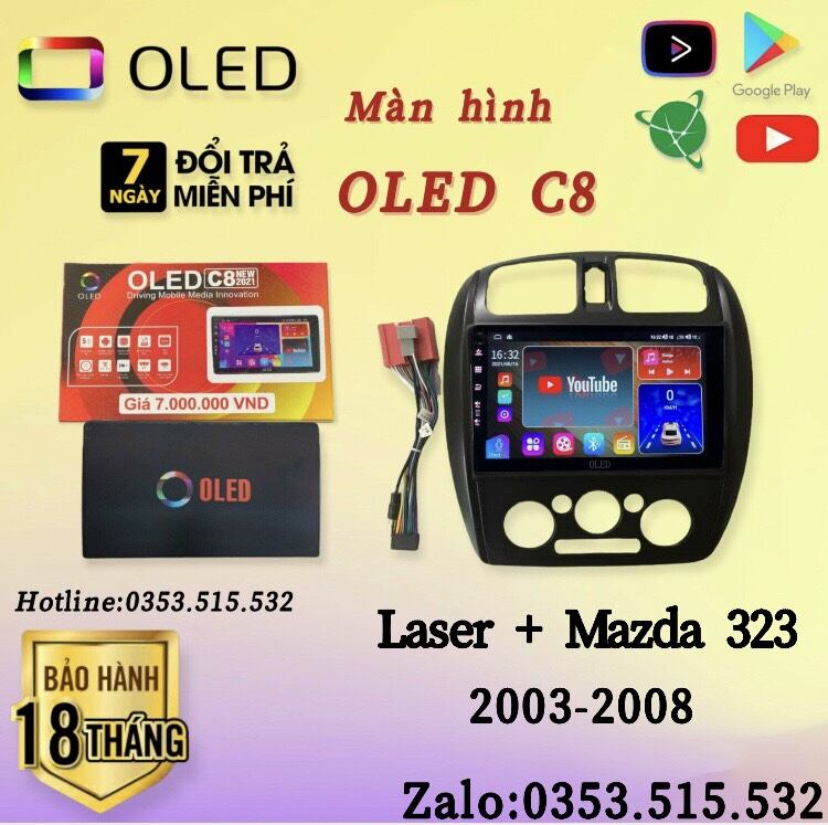 Màn hình android oled c8 new theo xe ford laser + mazda 323, 2002 - 2008 kèm dưỡng và jack nguồn zin theo xe