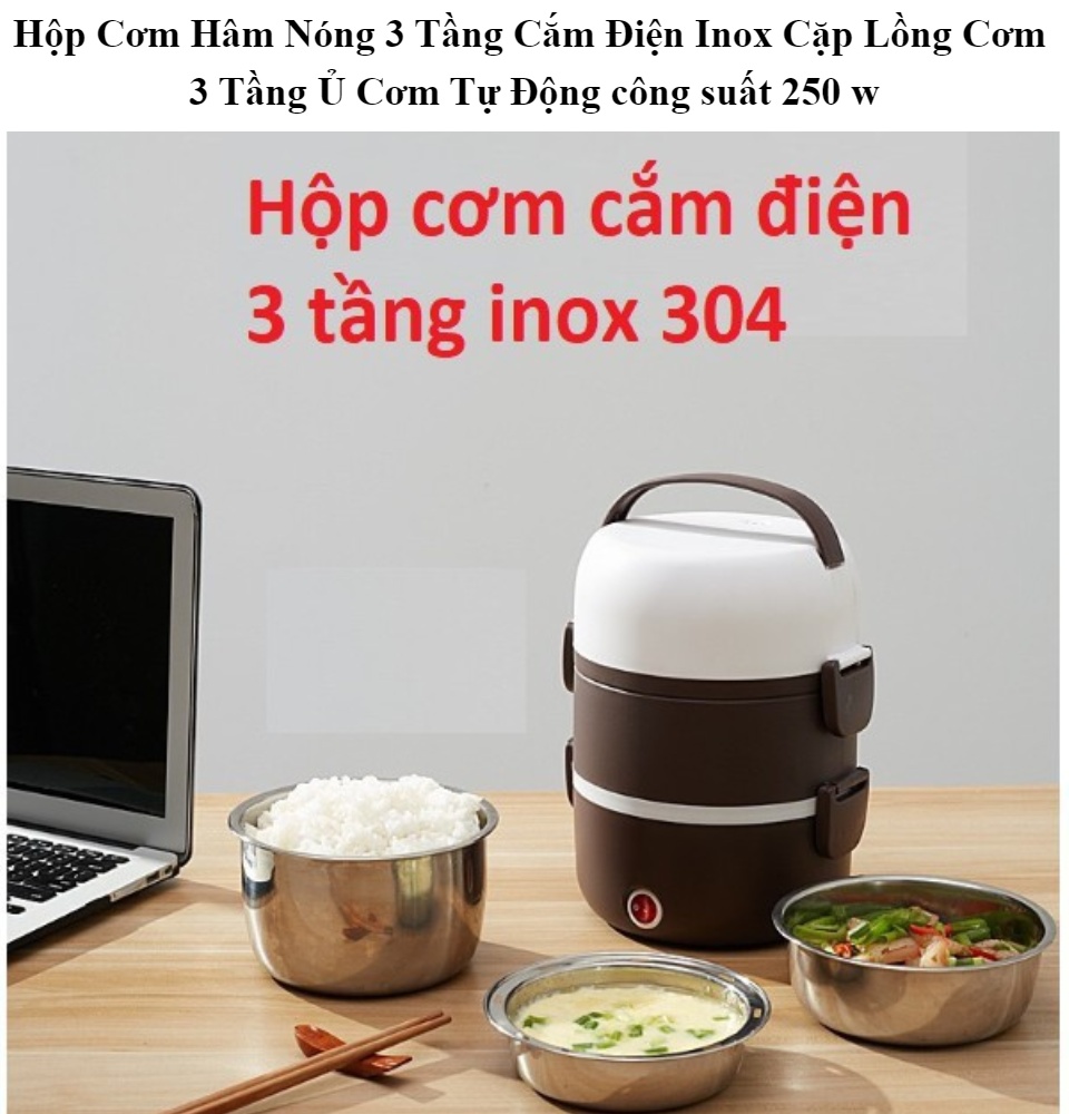 Hộp cơm hâm nóng 3 tầng - cặp lồng cơm giữ nhiệt có cắm điện hâm nóng đồ ăn ruột inox cao cấp