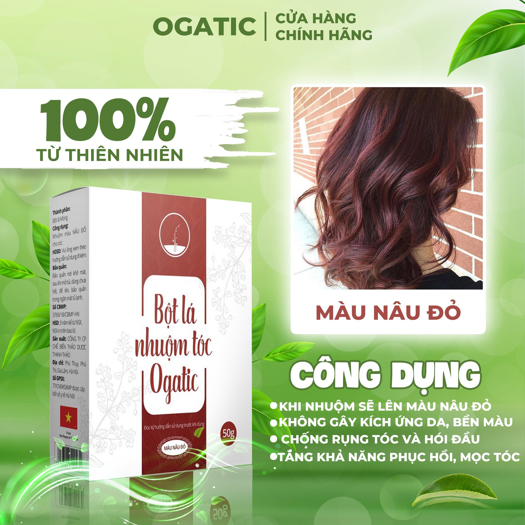 Bột Lá Nhuộm Tóc OGATIC - Nhuộm phủ bạc tóc OGATIC  - Hàng Chính Hãng - Từ thảo dược Lá móng - Lá chàm (Hộp 50g)