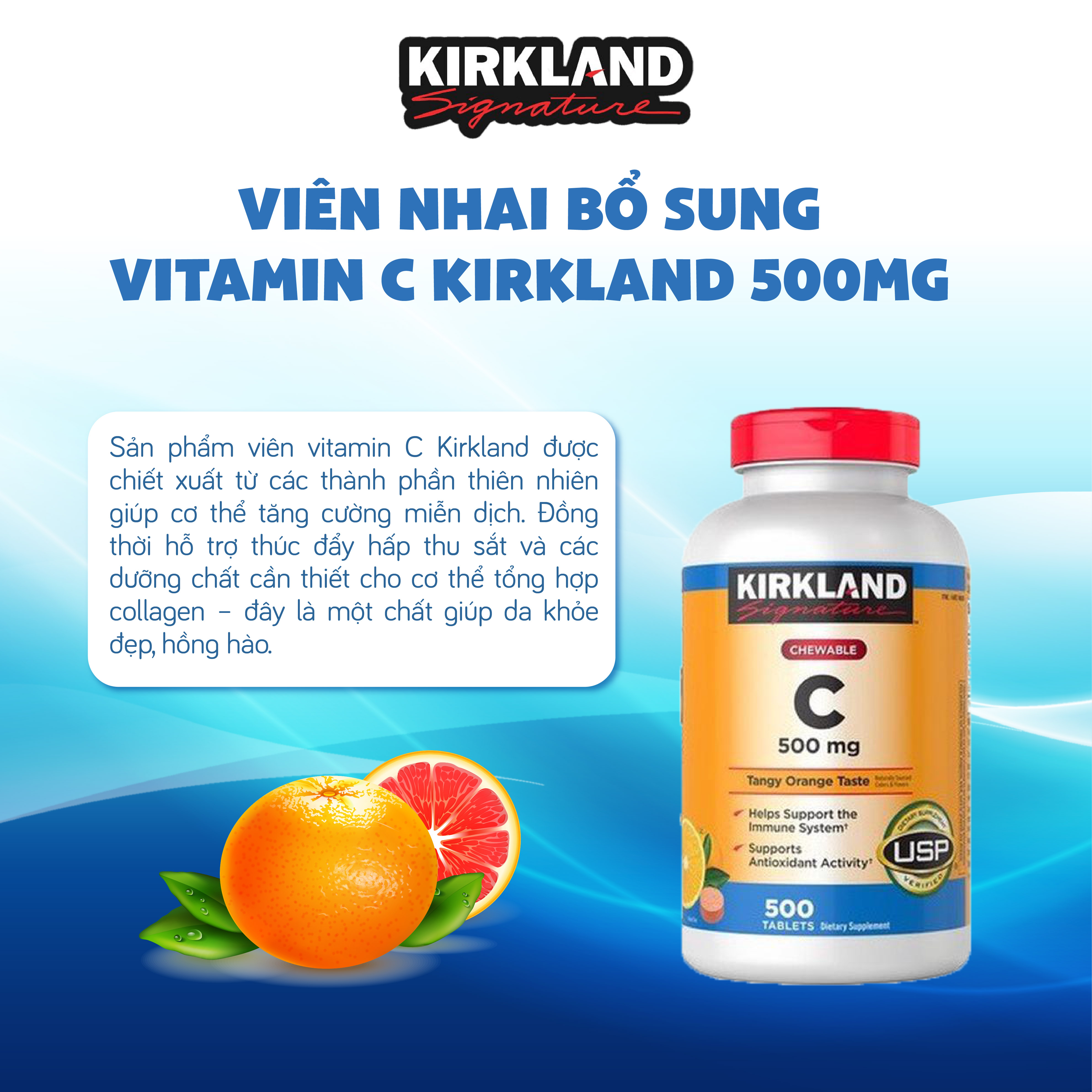 Viên Nhai Bổ Sung Vitamin C 500mg của Kirkland Signature 500 viên