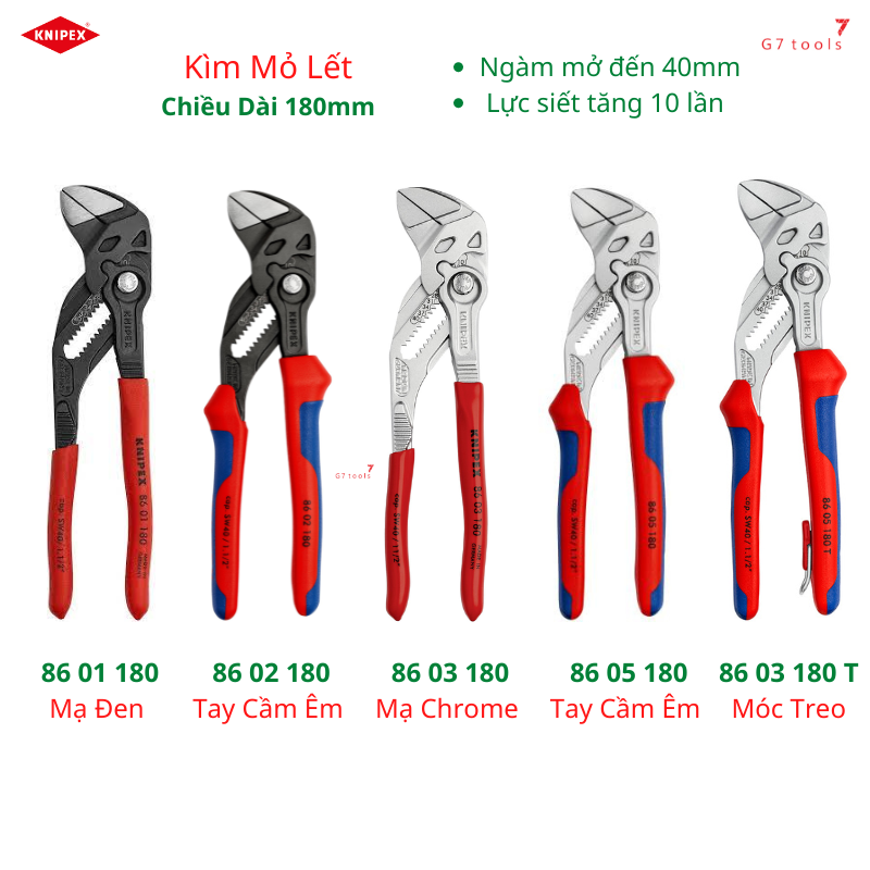 Kìm mỏ lết chiều dài 180mm mở ốc đến 40mm mở ốc hệ inch và hệ mét knipex 86 01 180/ 86 02 180/ 86 03 180/ 86 05 180 - sản xuất tại đức