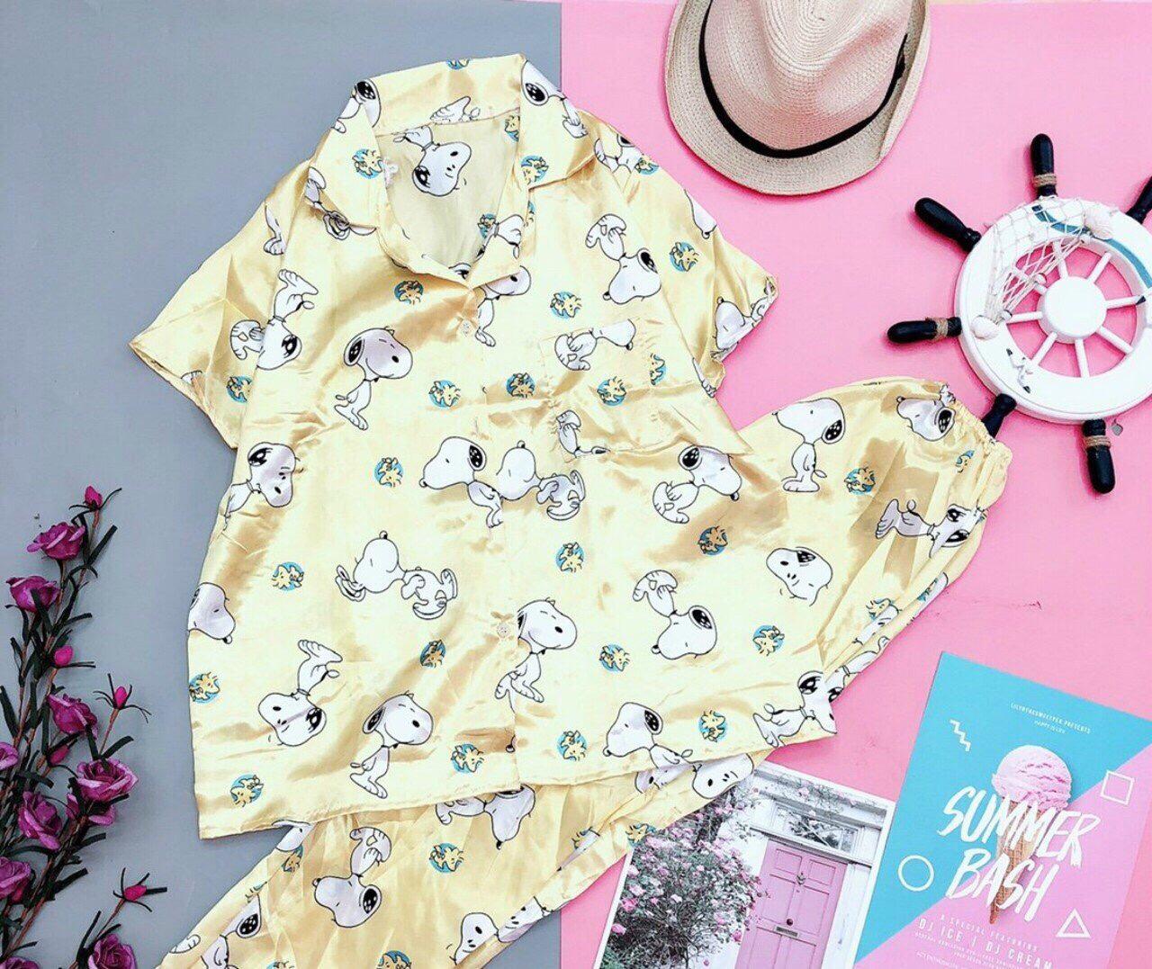 Sét bộ phi bóng hoạt hình bijama quần dài tay ngắn phối màu vải phi bóng lụa loại 1 dày mát và thời trang tay mạc thoái