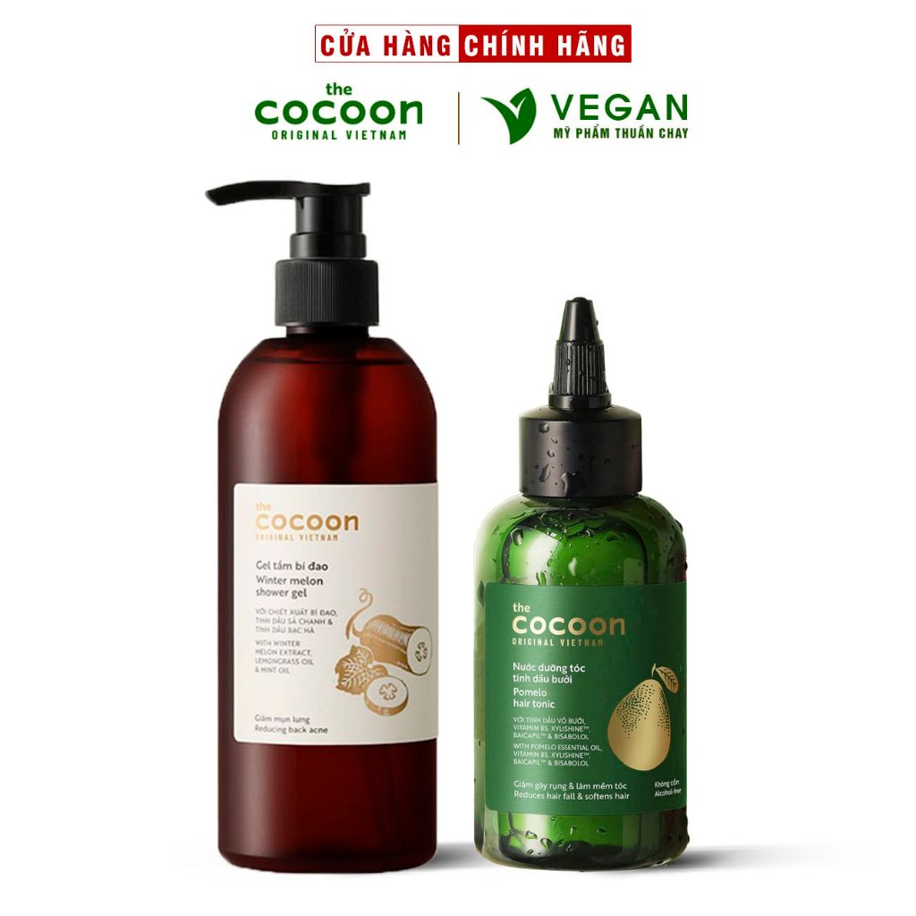 Combo Gel tắm bí đao Cocoon 300ml + Nước dưỡng tóc tinh dầu bưởi Pomelo Cocoon 140ml