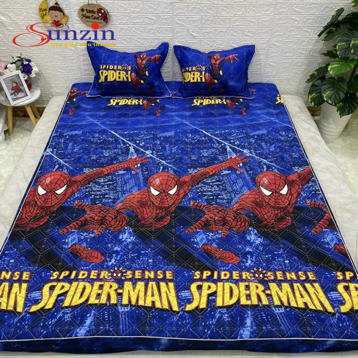 Bộ ga gối chun chần cotton, set ga gối 3 món chun chần, drap giường, bộ ga chun gối chần cotton 3 món đủ kích thước m2/m6/m8/2m2 mẫu người nhện sunzin - dìu giấc yêu thương