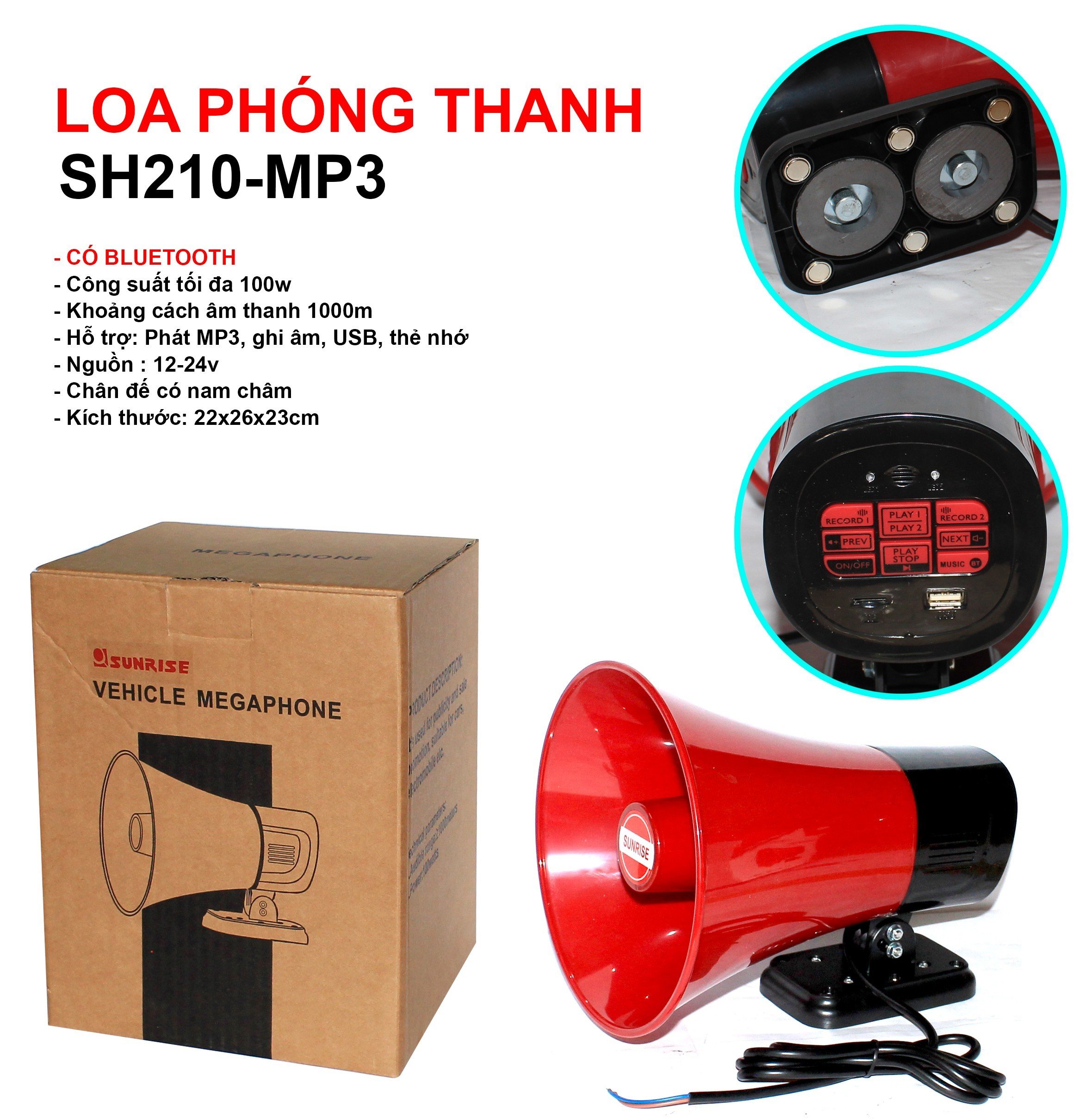 Loa nén - loa phóng thanh 100W gắn xe - DC 12V - khoảng cách âm thanh 1000m