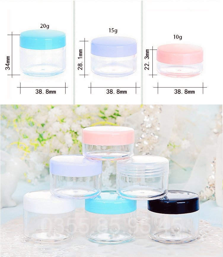 100 Hũ nhựa tròn XỊN 10g 15g 20g thân trong nắp nhiều màu , Hủ pet chiết mỹ phẩm tròn du lịch 10ml 15ml 20ml