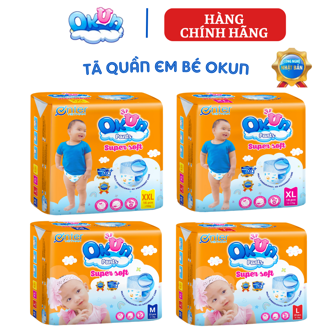 {Hàng chính hãng} Tã quần trẻ em Okun size M 22, size L 20, size XL, size XXL. Bỉm quần siêu mềm khô thoáng chống hăm khử mùi, tả quần trẻ em