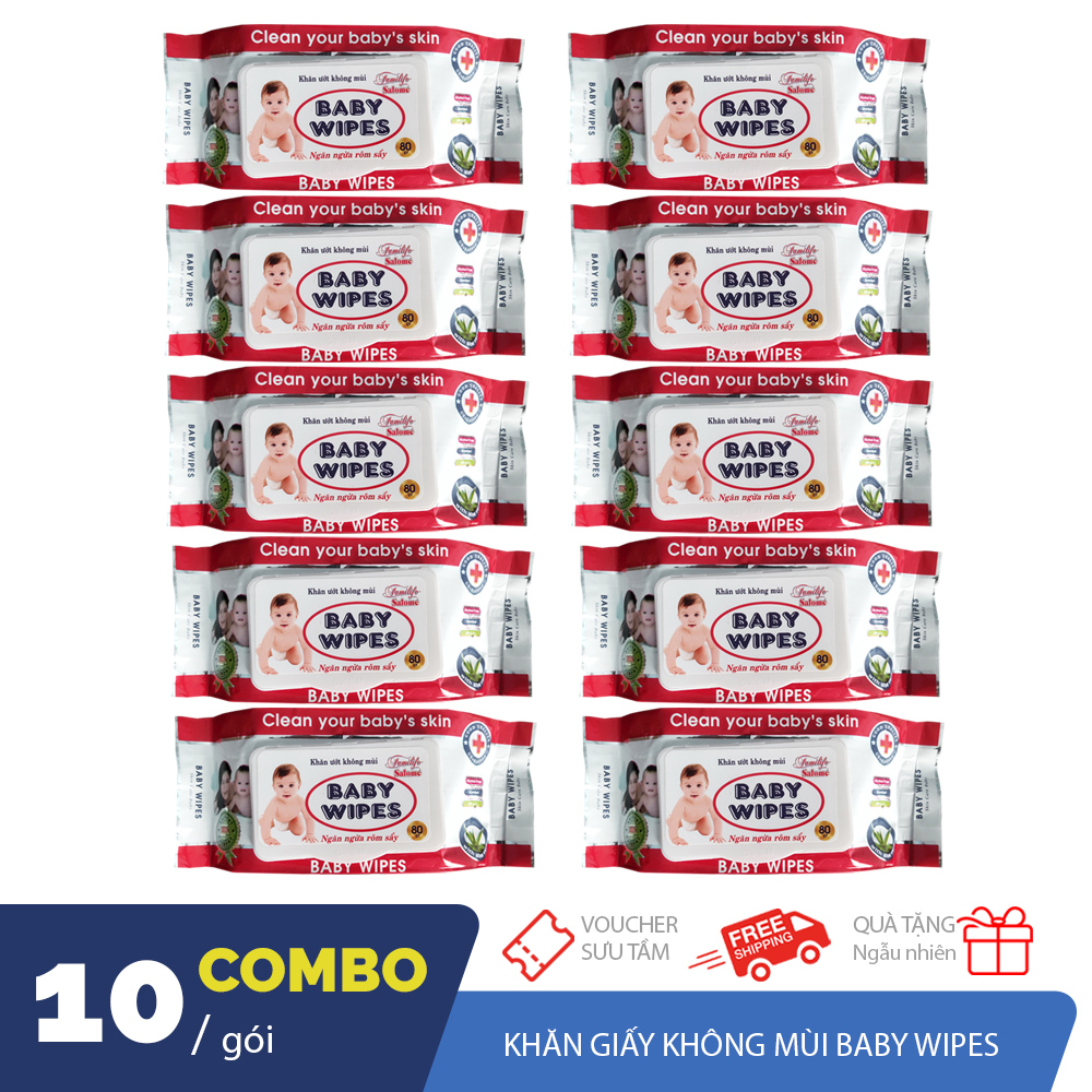 Combo 10 gói khăn ướt không mùi Baby Wipes 80gr ngăn ngừa rôm sẩy