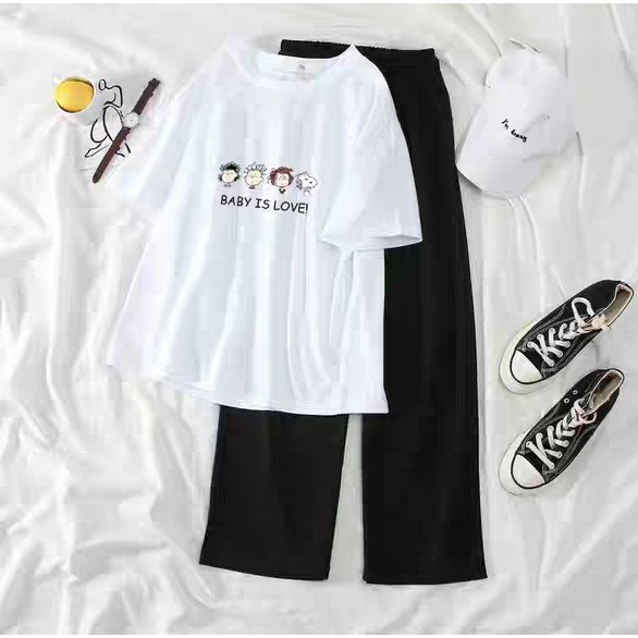 [HAN HAN SHOP 176] Sét Bộ Đồ Nữ Mặc Đi Chơi Đi Dự Tiệc Hè Rực Rỡ, Áo Phông Cotton Mát Mịn In Hai Bé Kèm Quần Rộng Sạn