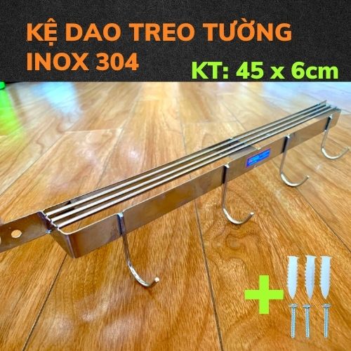 Giá treo dao, thớt, móc cài dao thớt treo tường inox 304, KT 45x6cm, kèm vít nở, gimo